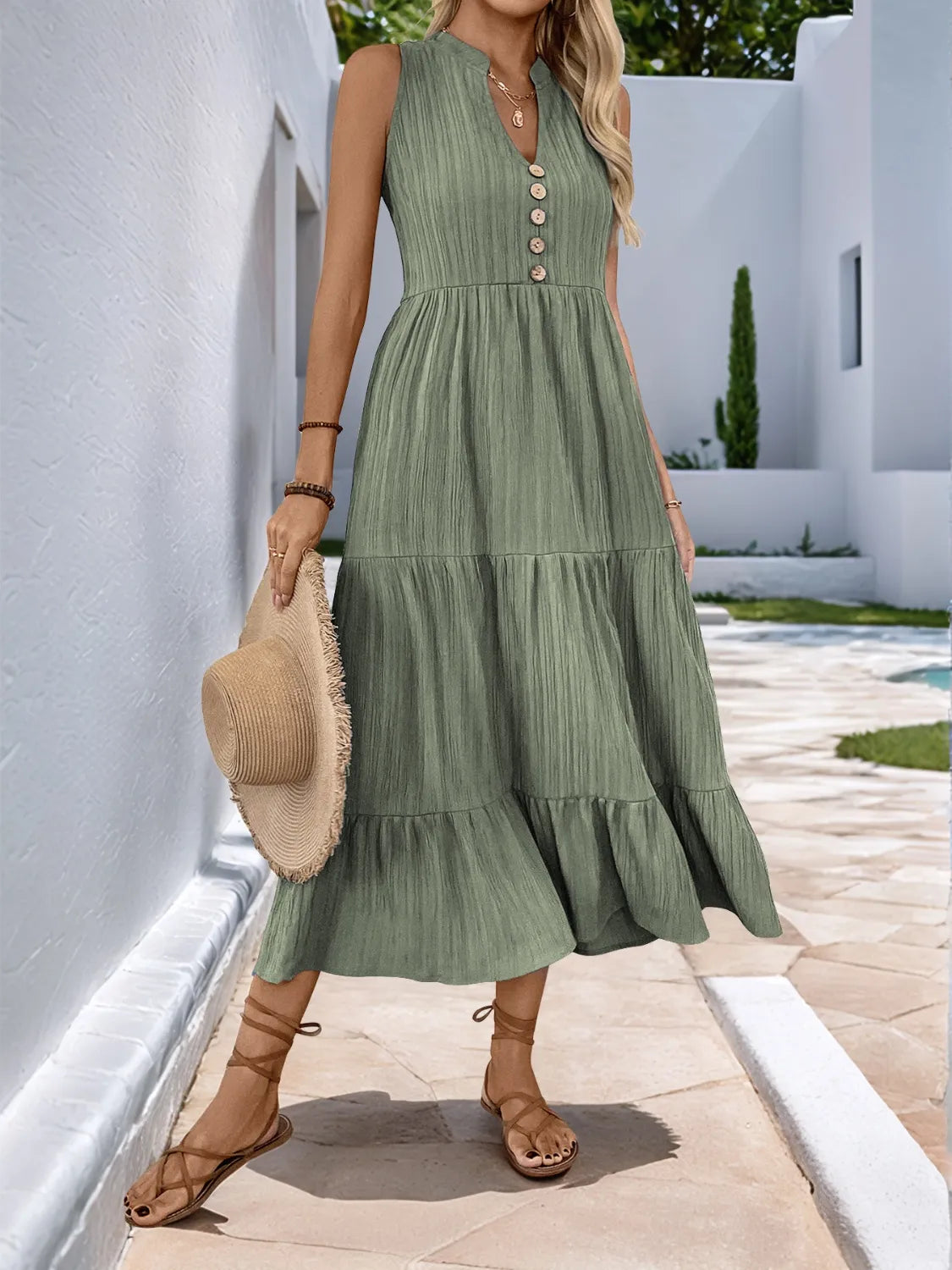 Notched Neckline Tiered Midi Dress