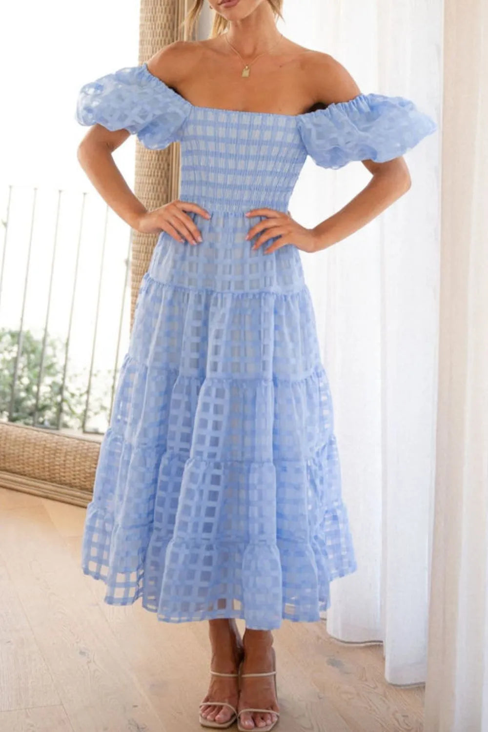 Off Shoulder Puff Sleeve Midi Dress