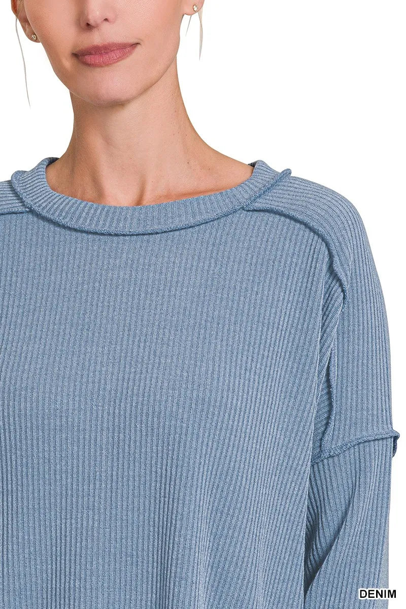 Zenana Ribbed Drop Shoulder Sweater in Denim