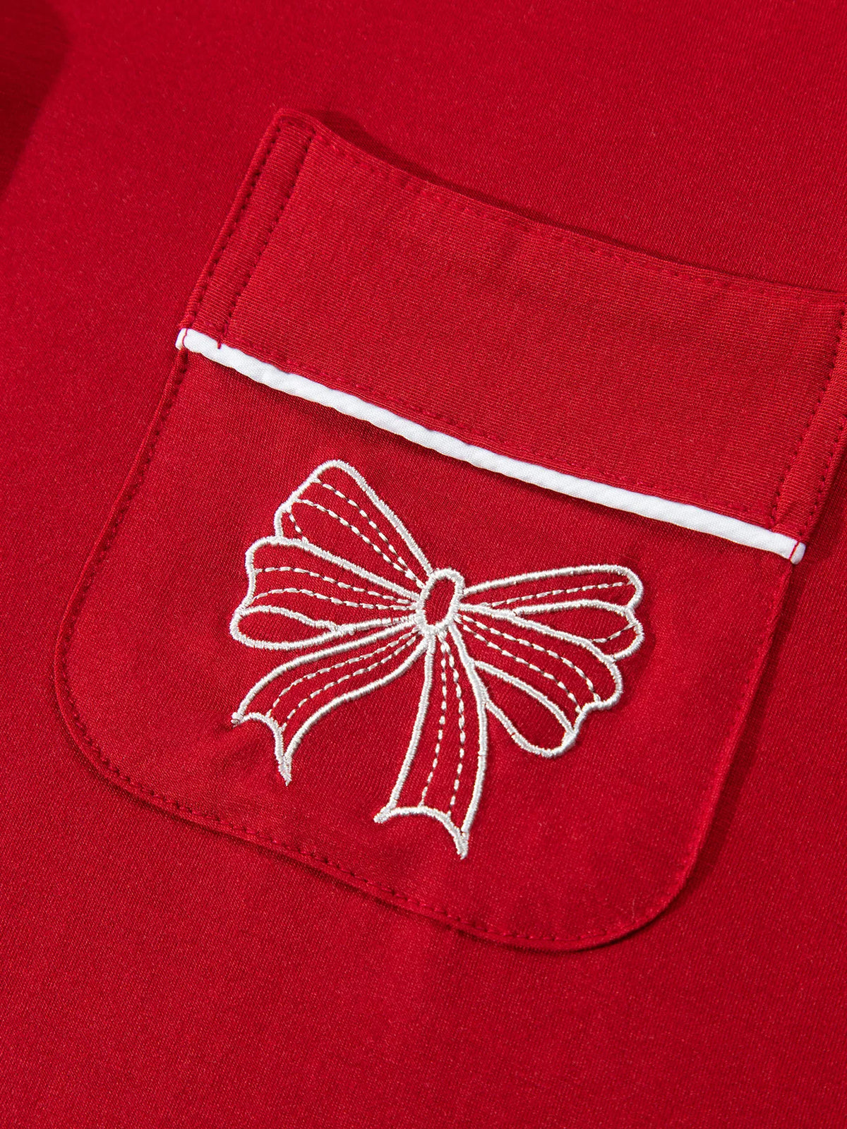 Bow Pocket Long Sleeve Pajama Set in Deep Red
