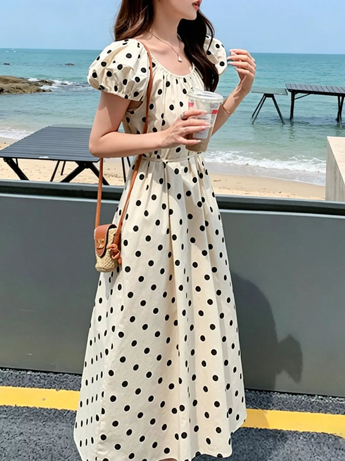 Polka Dot Puff Sleeve Midi Dress in Apricot