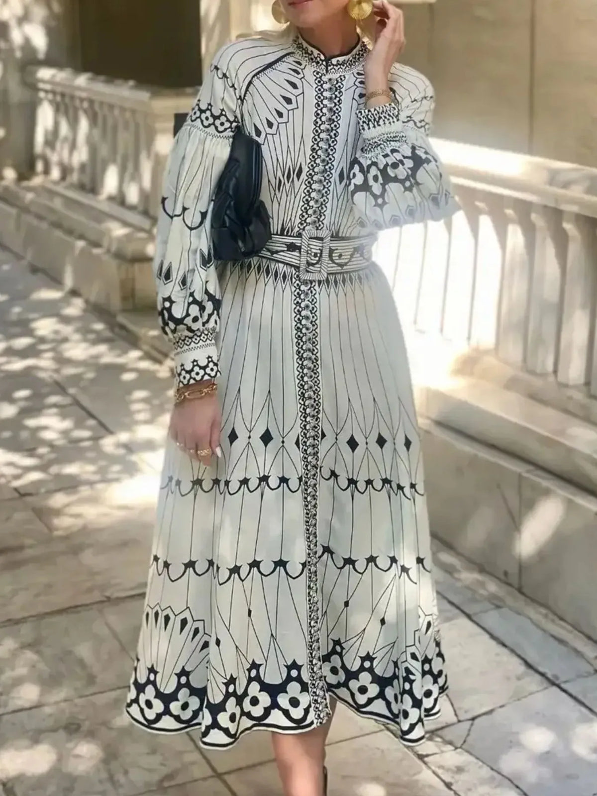 Printed Long Sleeve Shirt Dress in Beige
