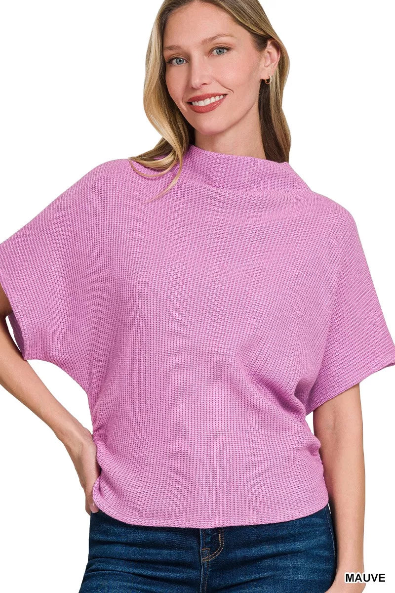 Zenana Mock Neck Sweater with Side Shirring in Mauve