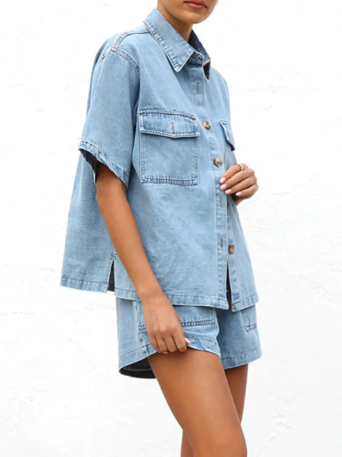 Button-Up Short Sleeve Denim Top and Shorts Set