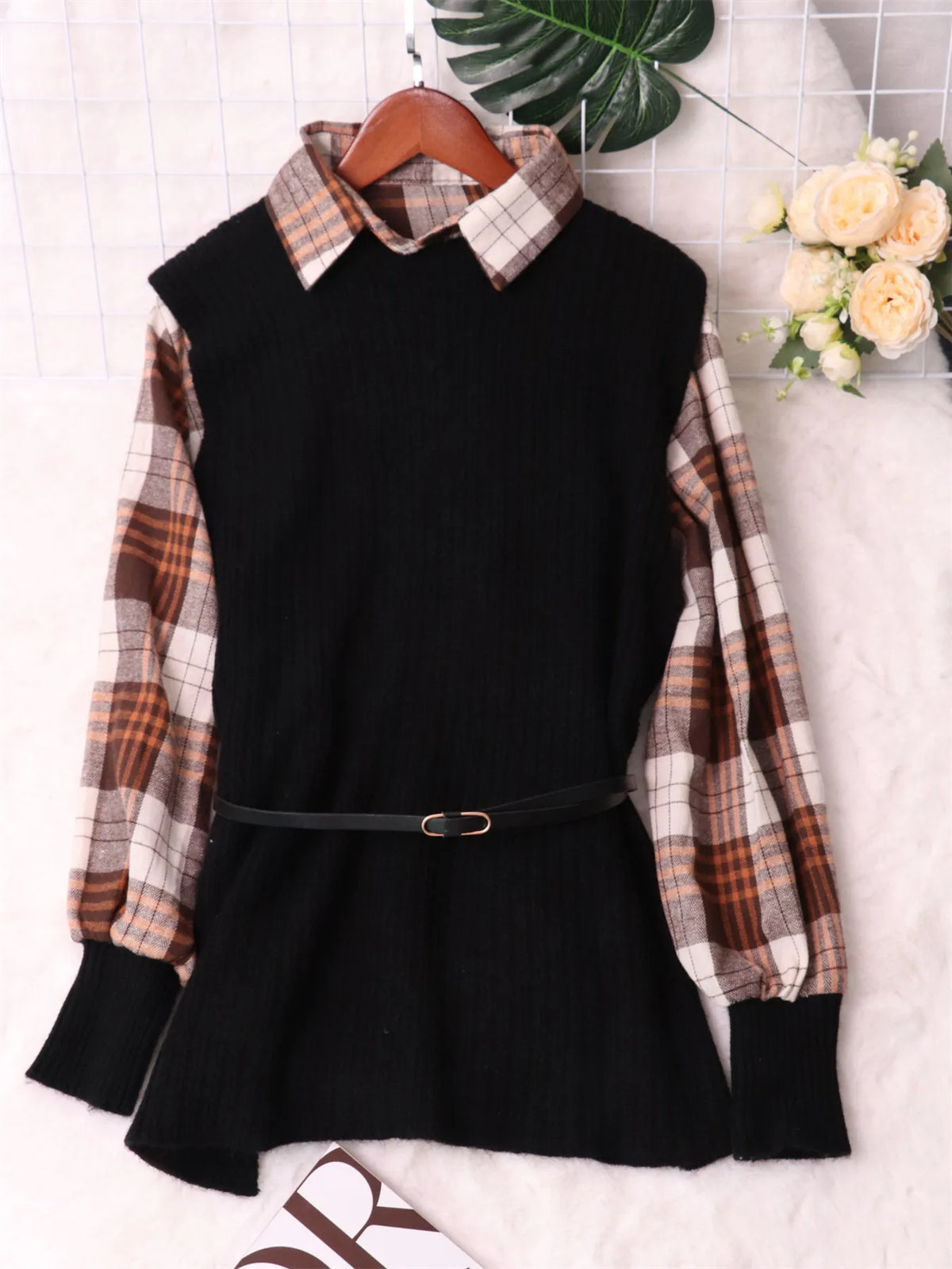 Plaid Long Sleeve Belted Sweater Dress