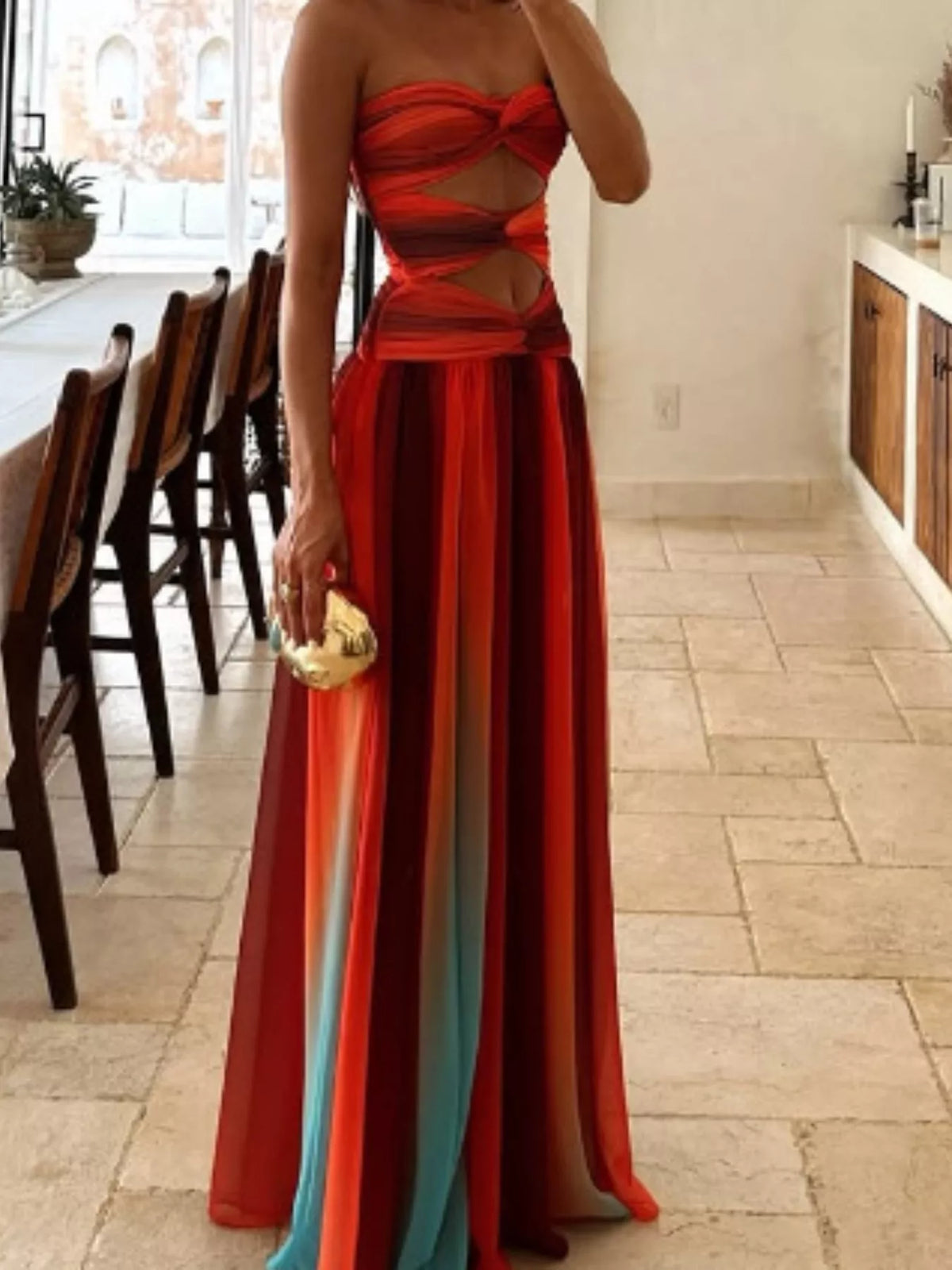 Strapless Cutout Maxi Dress in Orange-Red