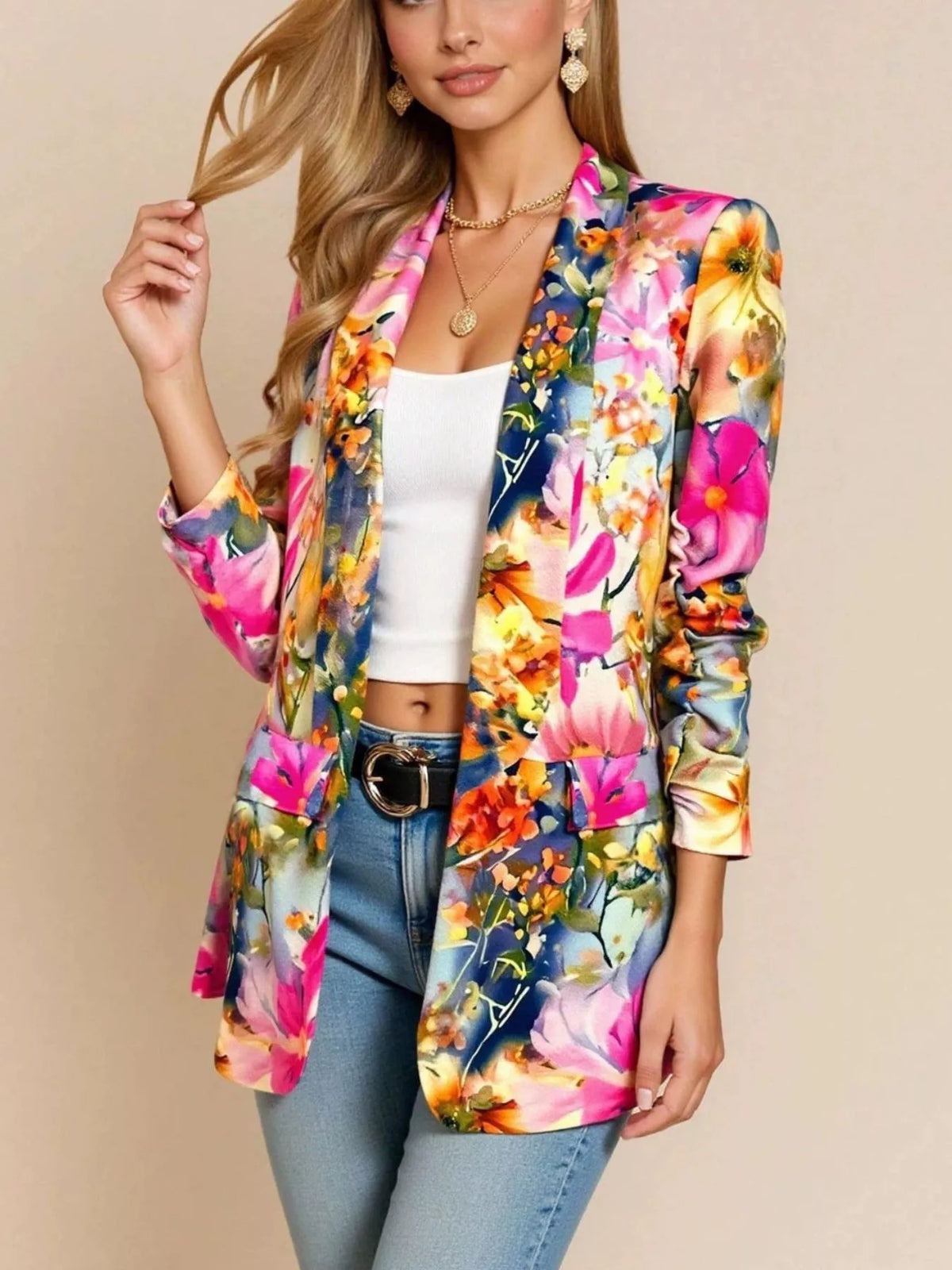Floral Print Button-Up Blazer in Hot Pink