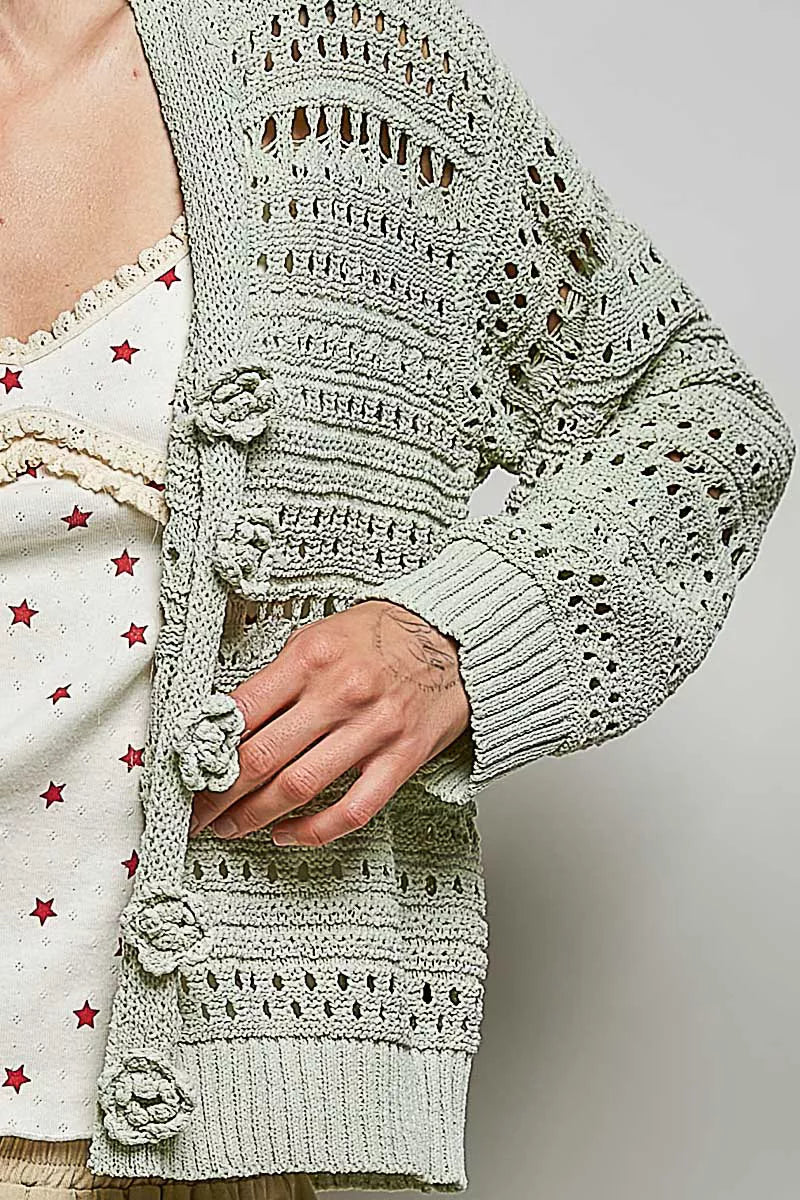 Lime Open-Knit Floral Button Cardigan by POL