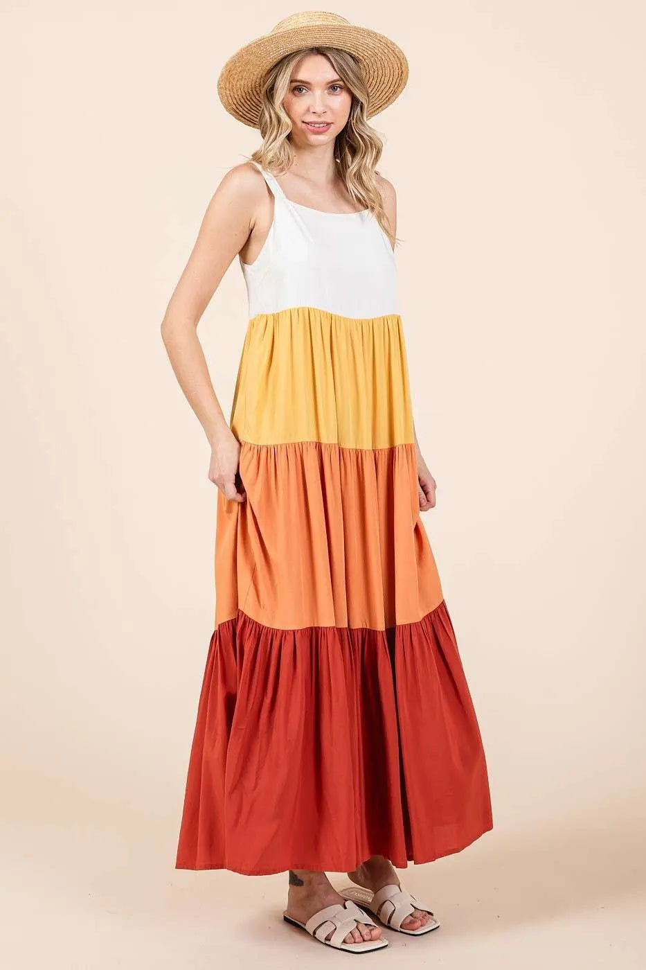 Color Block Tiered Maxi Dress in Apricot Multi by Mittoshop
