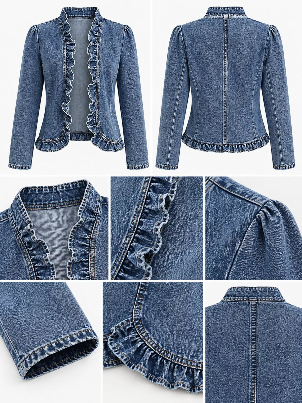 Open-Front Ruffled Trim Denim Jacket in Blue in Blue-Denim Jacket