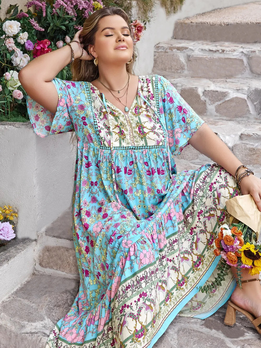 Printed Tie-Neck Flutter Sleeve Maxi Dress in Pastel Blue in Pastel  Blue