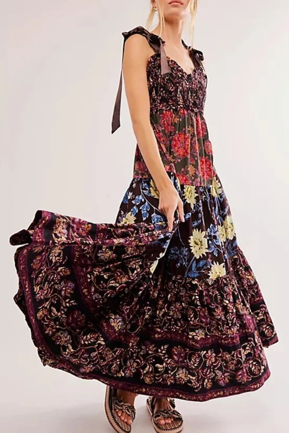 Floral Tiered Maxi Dress with Mixed Print