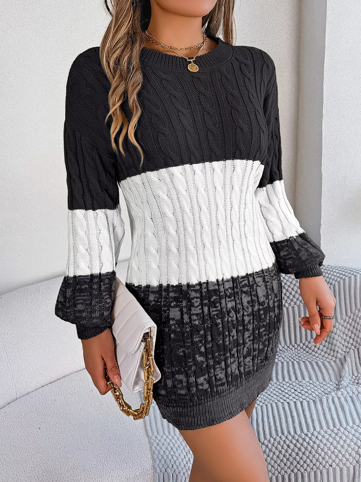 Color Block Cable Knit Sweater Dress