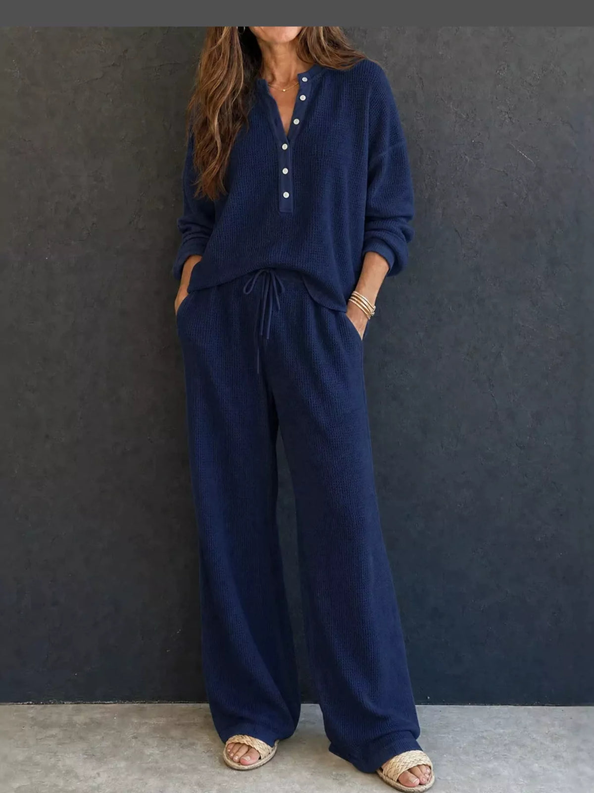 Waffle Knit Button Detail Top and Pants Set