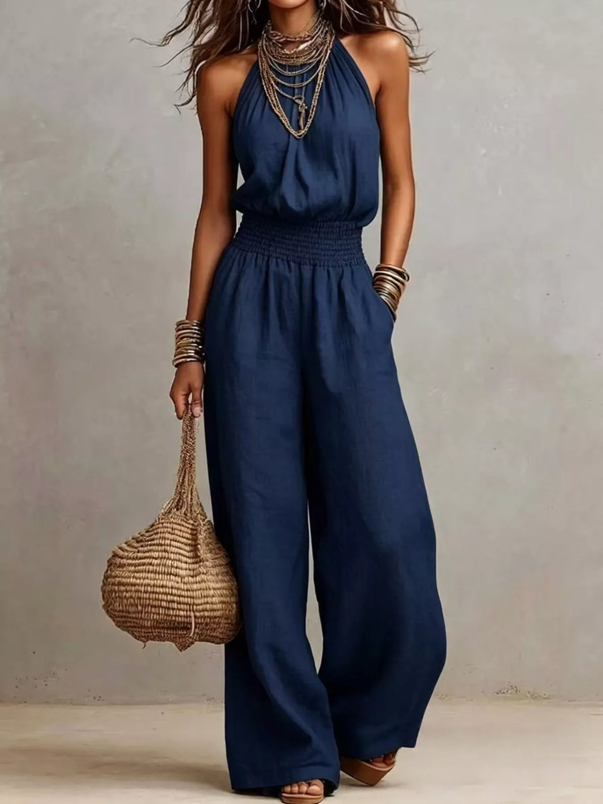 Smocked Halter Neck Wide-Leg Jumpsuit