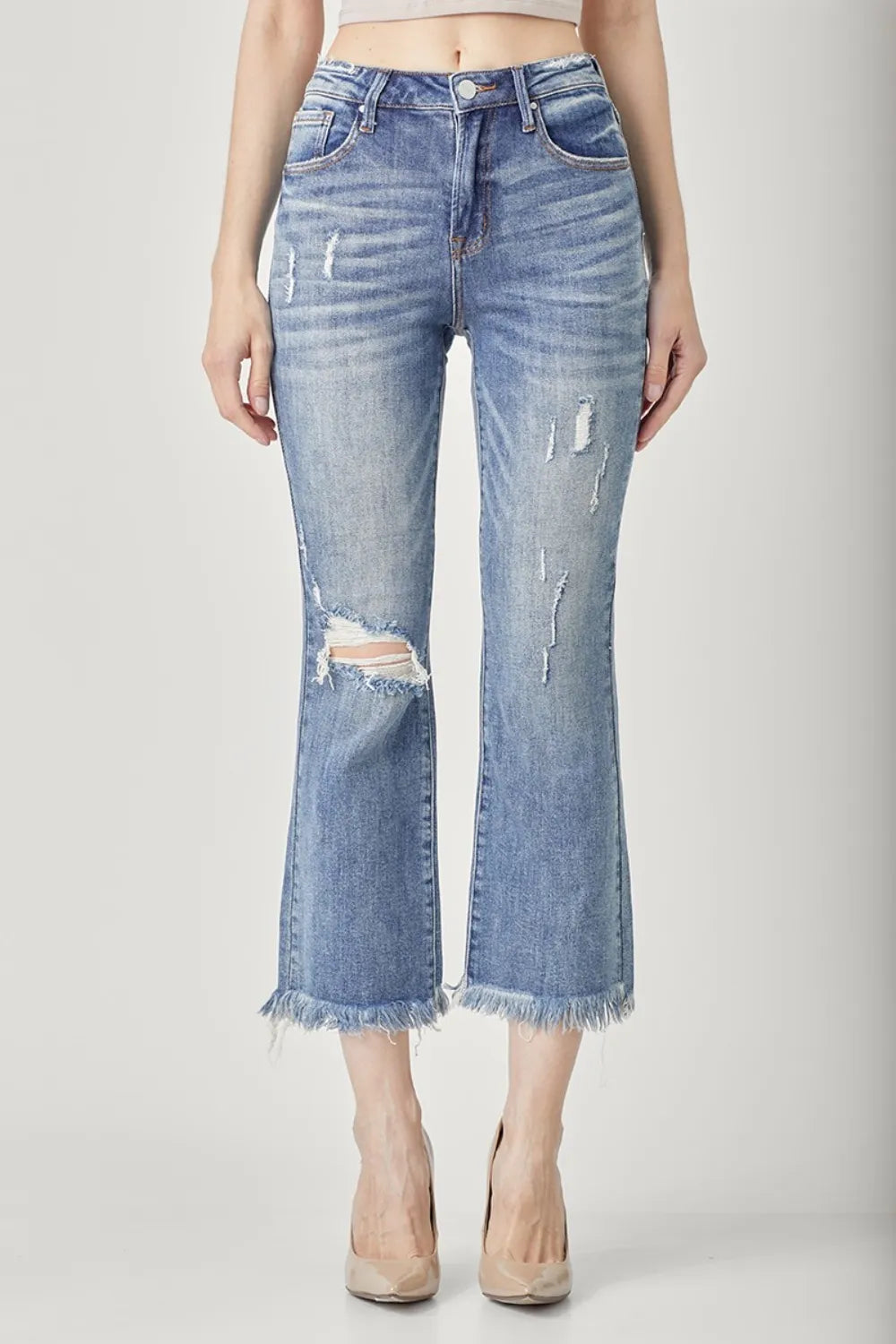 Risen High Waist Distressed Cropped Bootcut Jeans in Dark