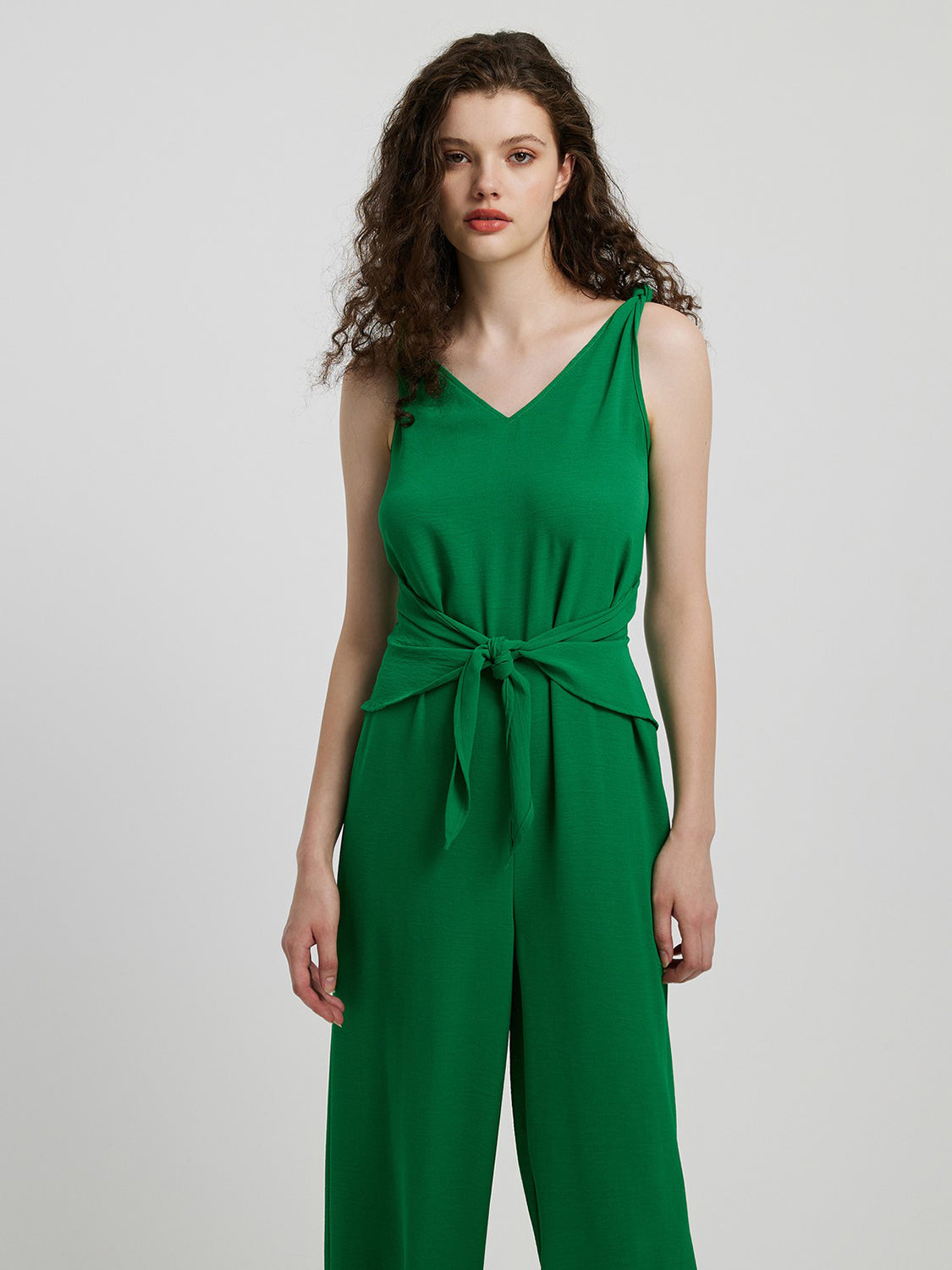 Knot Detail Tie-Front Jumpsuit in Mid Green