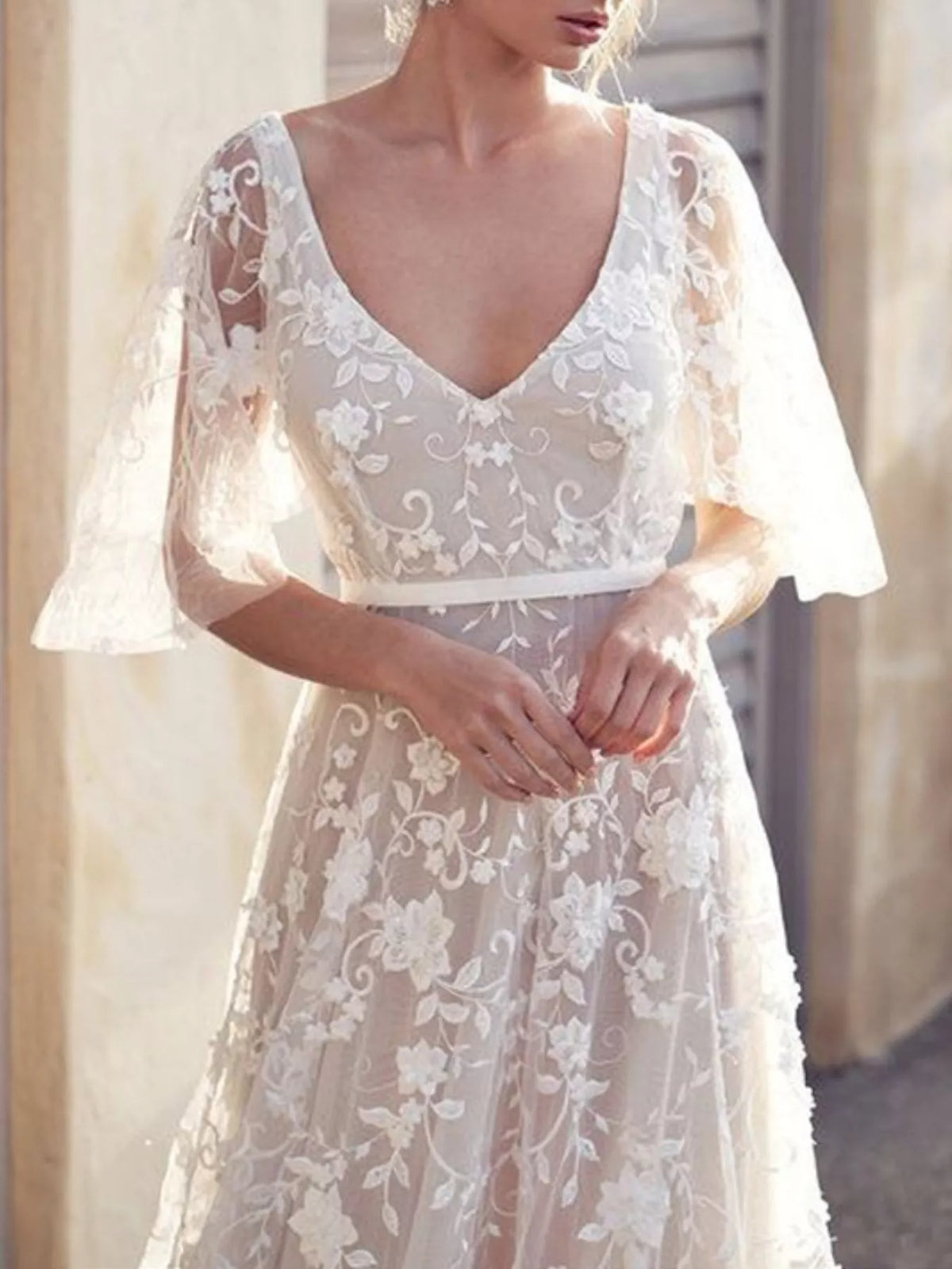 Lace Flutter Sleeve V-Neck Dress in White