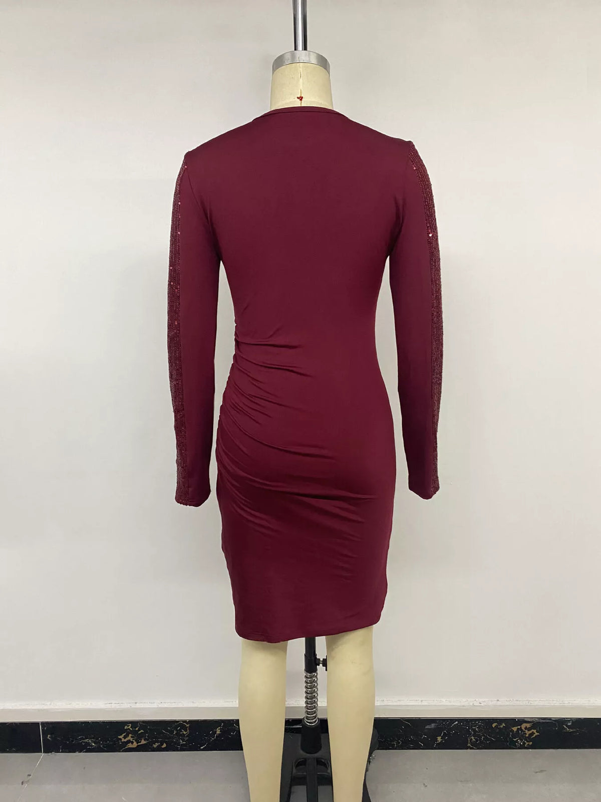 Sequin-Trim Bodycon Dress in Burgundy