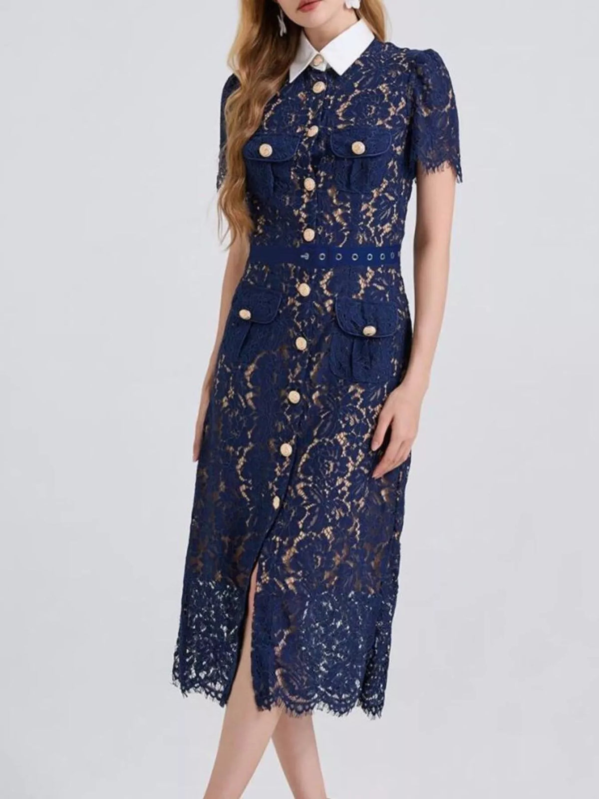 Lace Button-Down Midi Dress in Blue