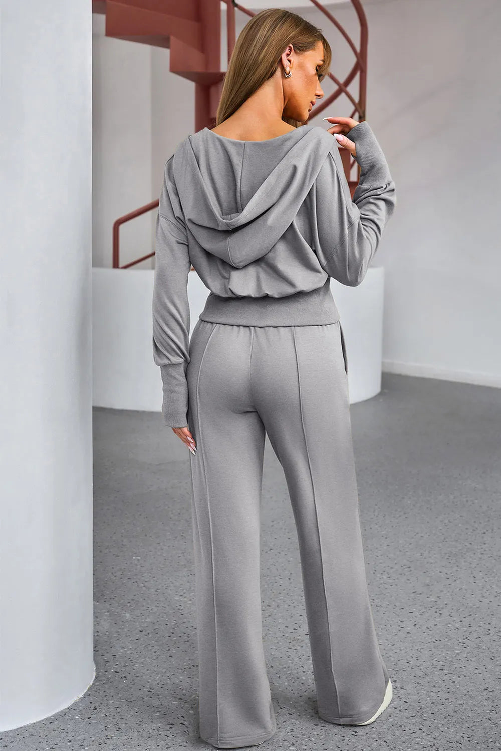 Dropped Shoulder Hoodie & Drawstring Pants Set in Dark Gray
