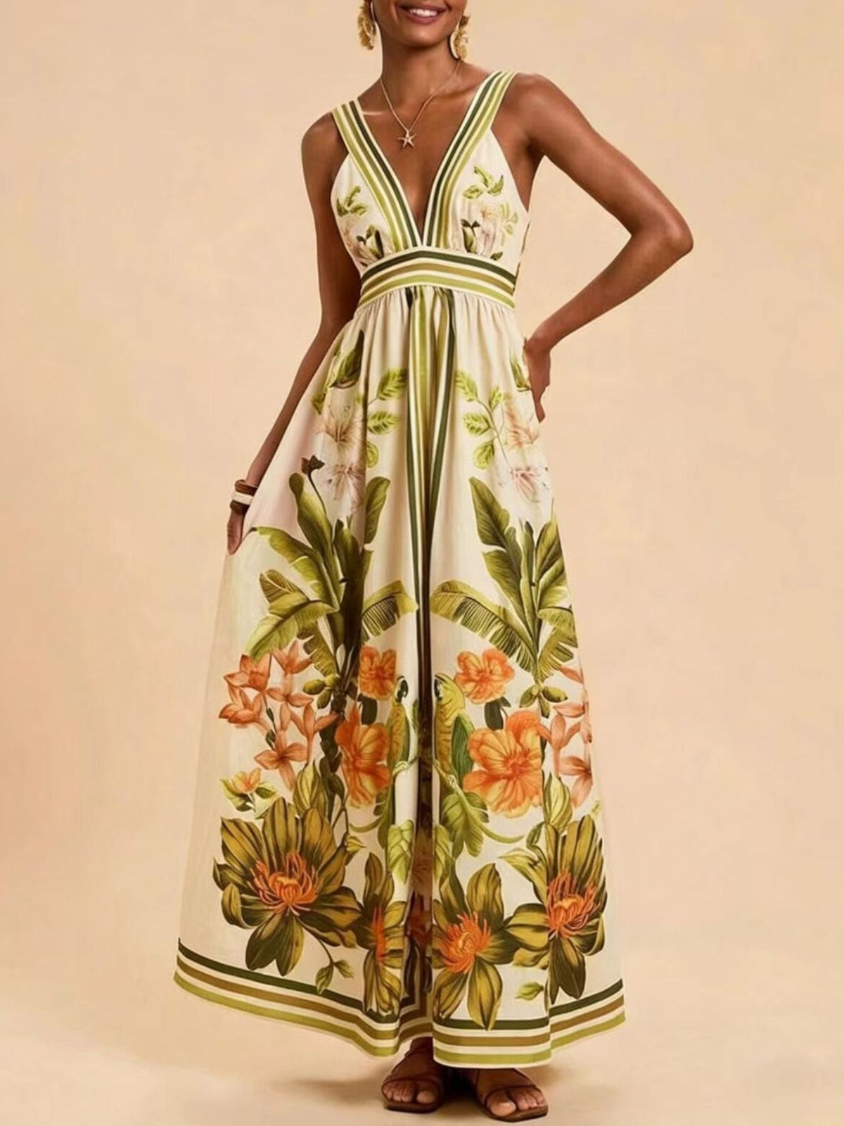 Tropical Print V-Neck Maxi Dress in Sage