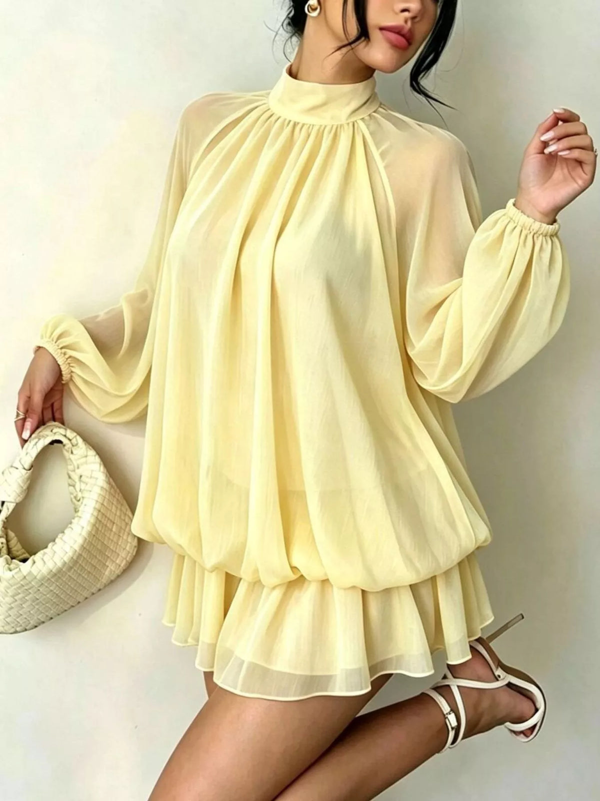 Mock Neck Sheer Chiffon Mini Dress