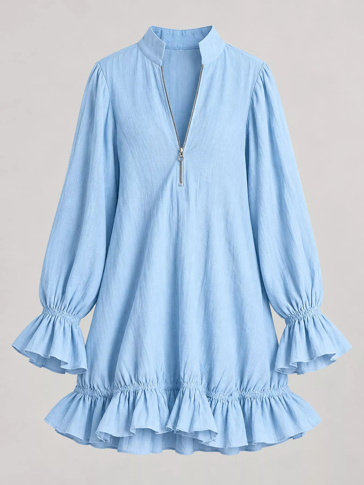 Zipper-Front Ruffle Hem Mini Dress