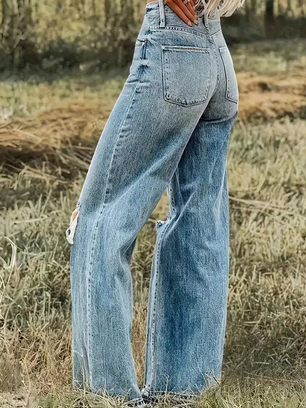 High-Waisted Distressed Wide-Leg Jeans in Peacock Blue