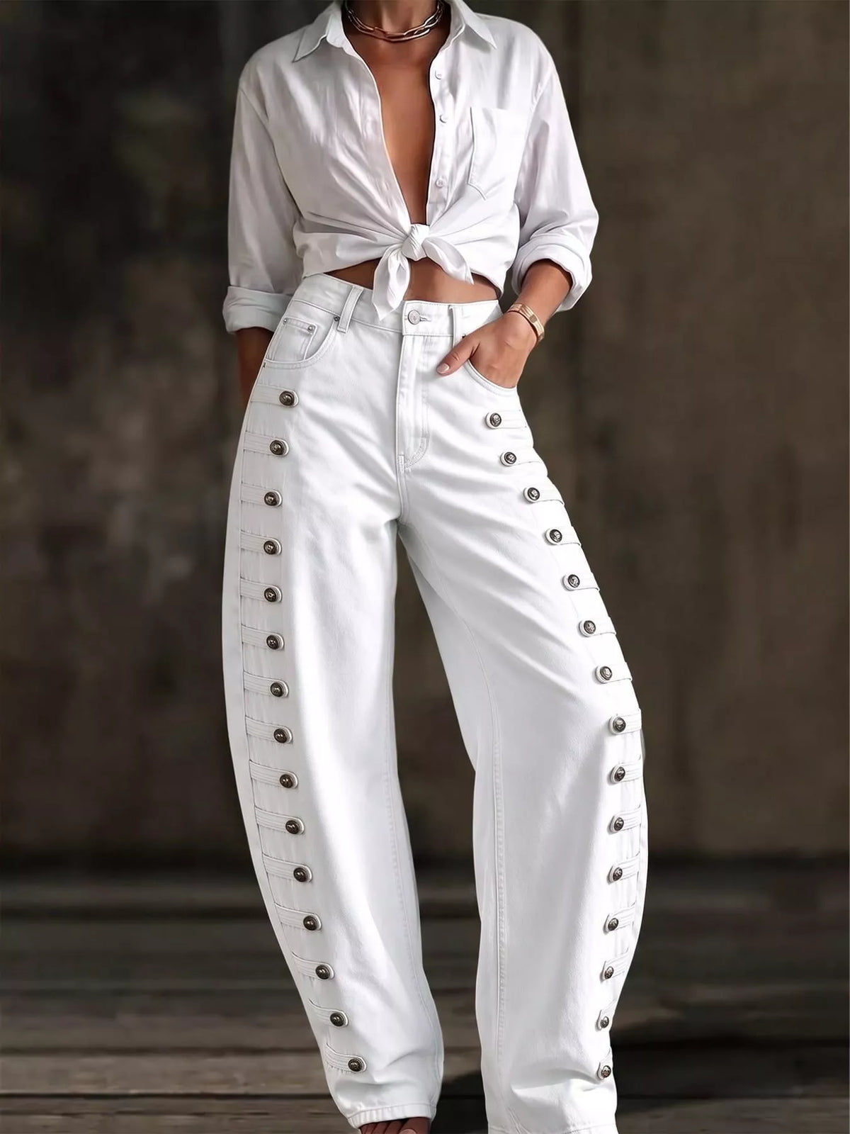 Decorative Button Wide Leg Jeans