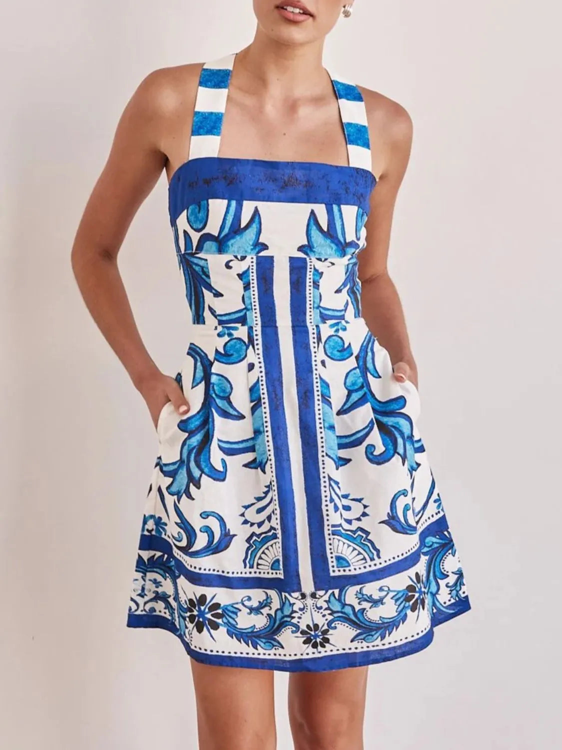 Printed Square Neck Buttoned Midi Dress