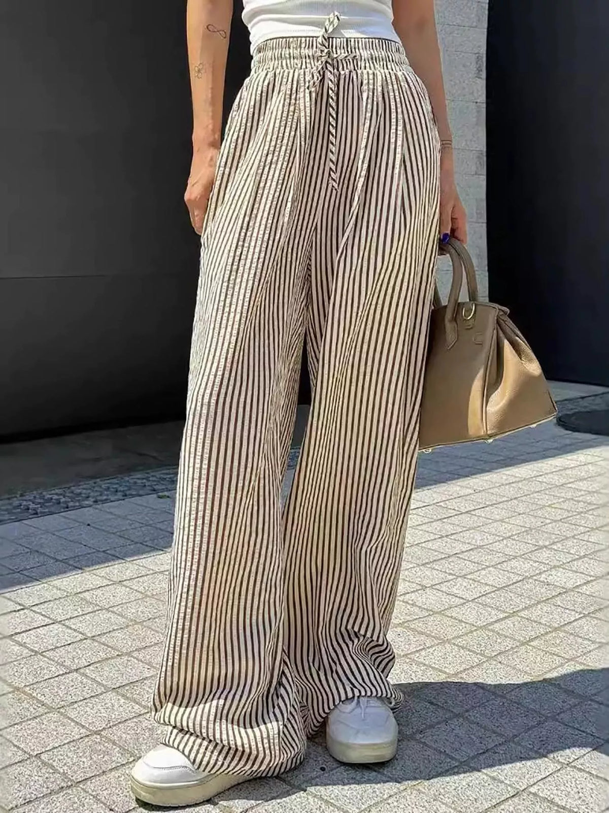Striped Drawstring Wide Leg Pants