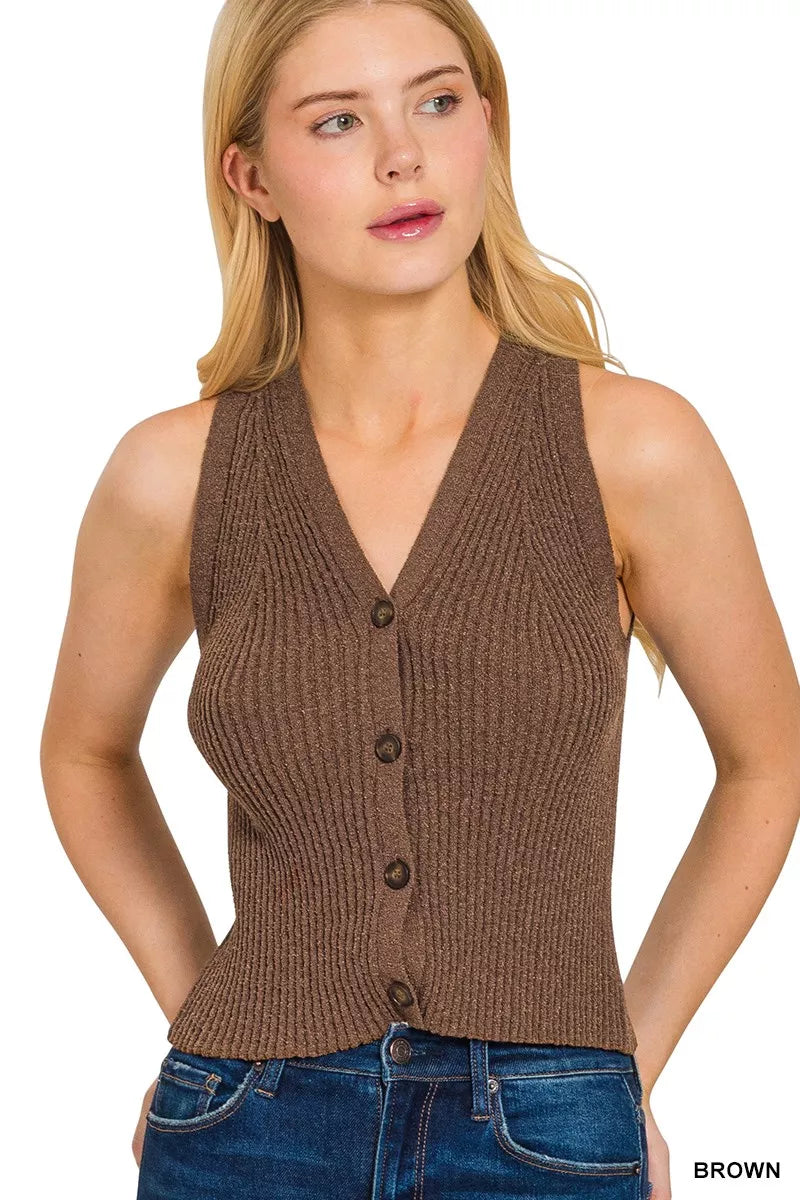 Zenana Ribbed Button-Down Sweater Vest in Brown