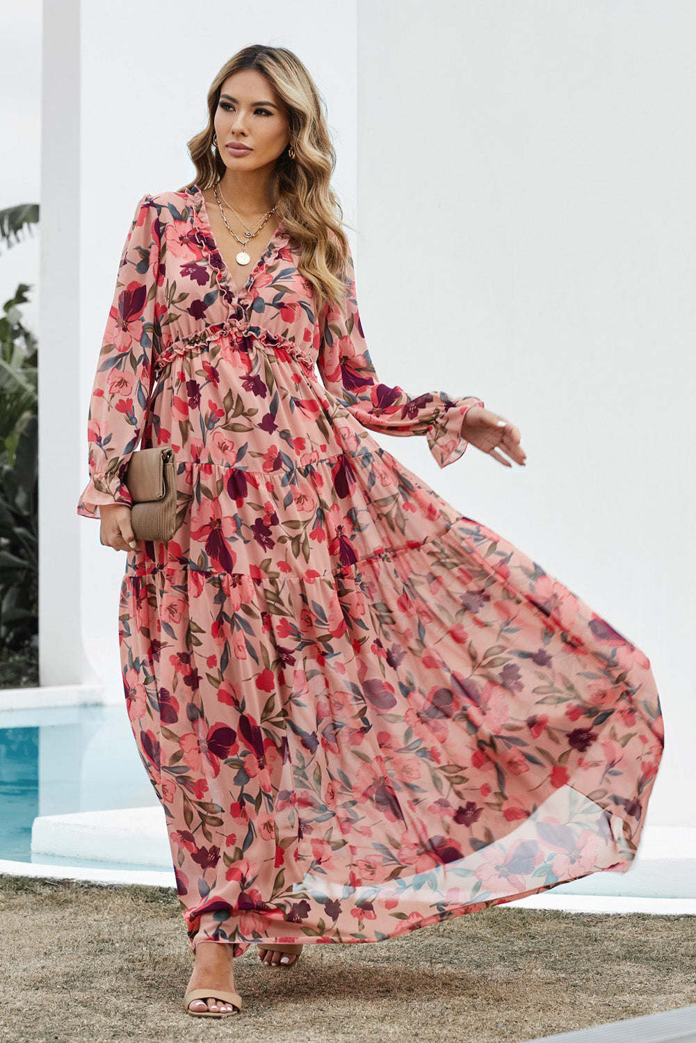 Floral Frill-Trim Plunge Maxi Dress