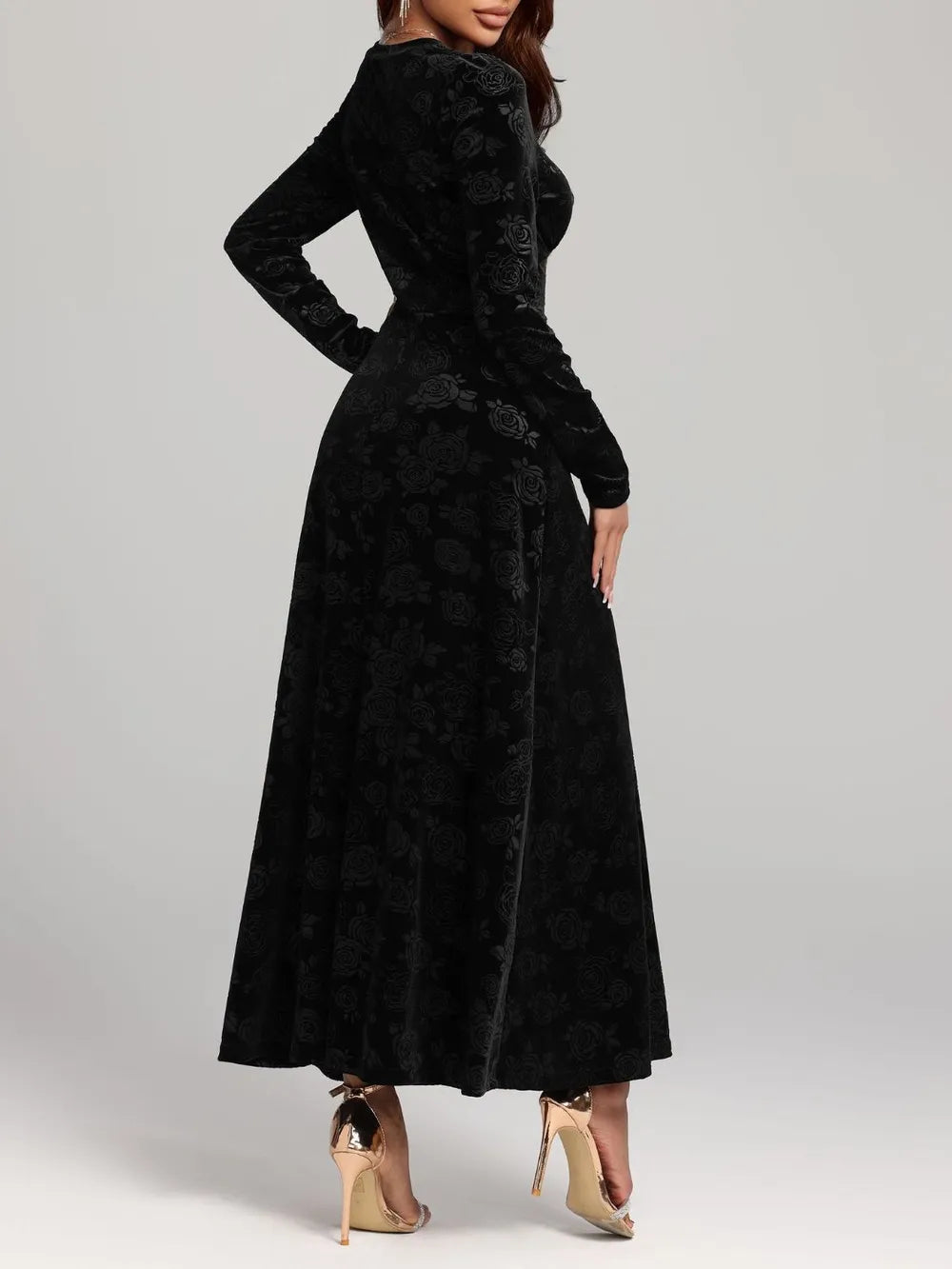 Rose Print V-Neck Dress in Black