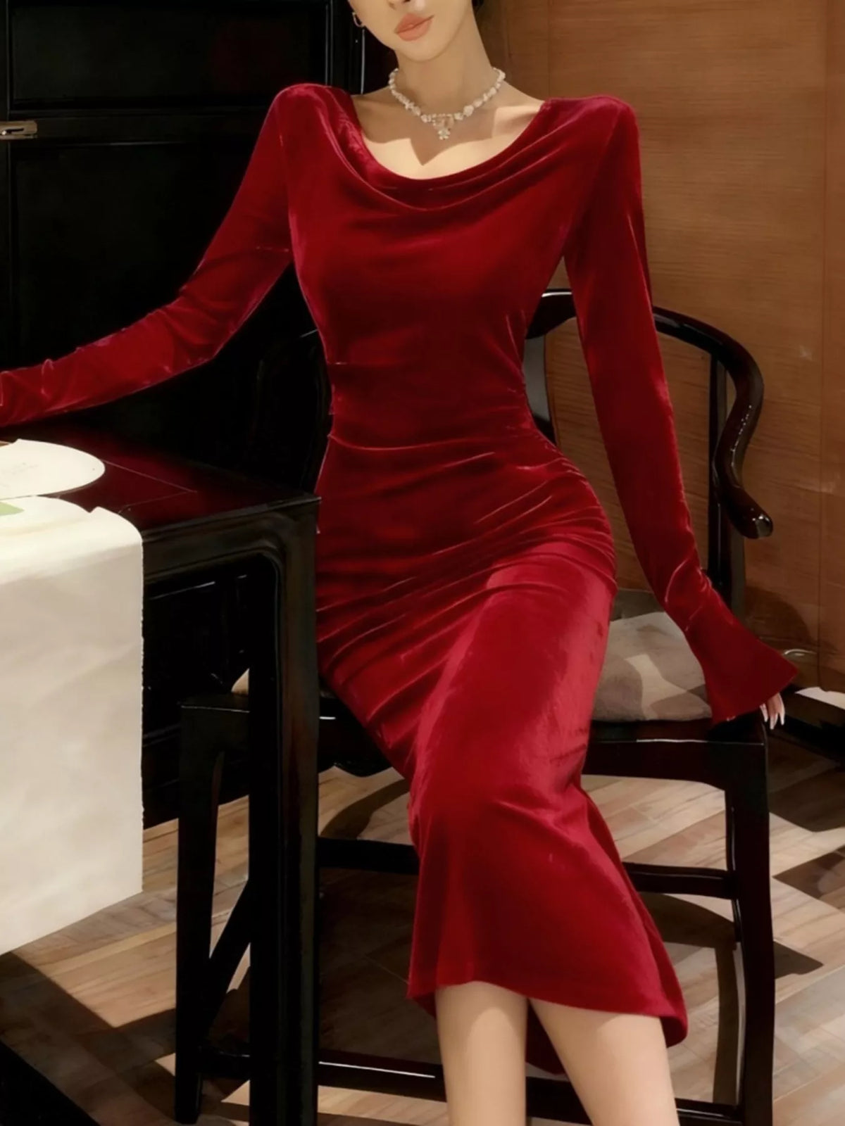 Velvet Cowl-Neck Midi Dress in Burgundy