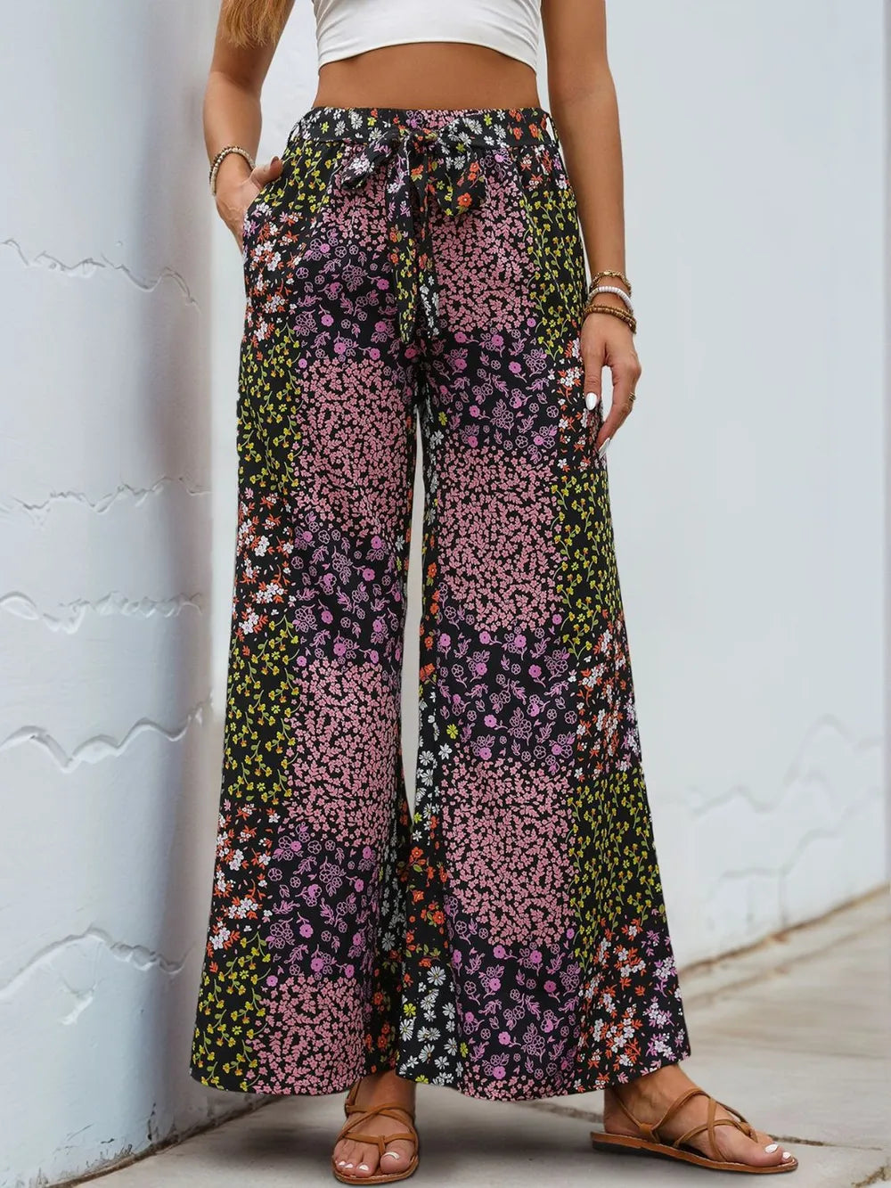 Floral High Rise Wide Leg Pants in Black