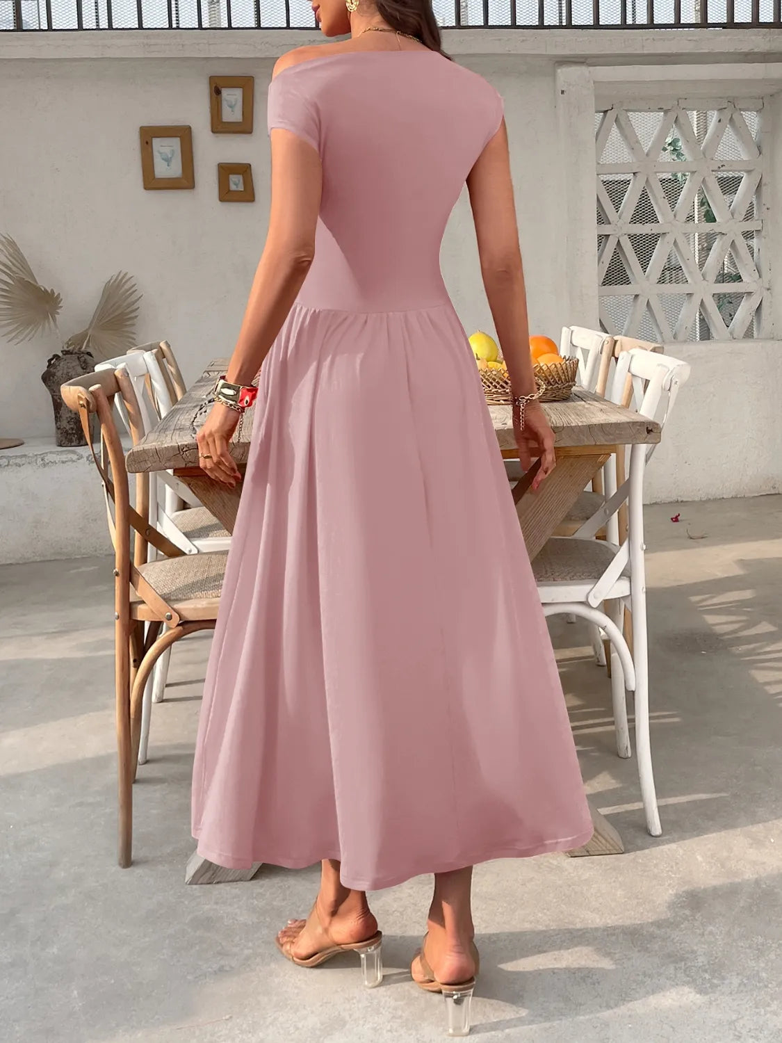 Single-Shoulder Pocketed Dress in Dusty Pink