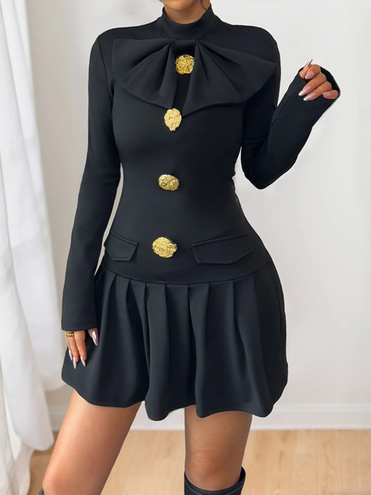 Decorative Button Mock Neck Mini Dress in Black