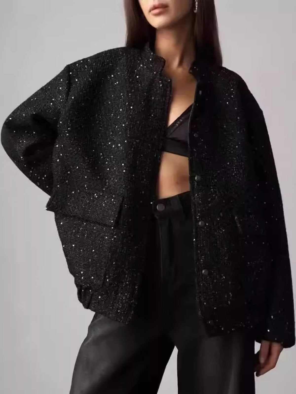 Tweed Bomber Jacket with Sequin Detail