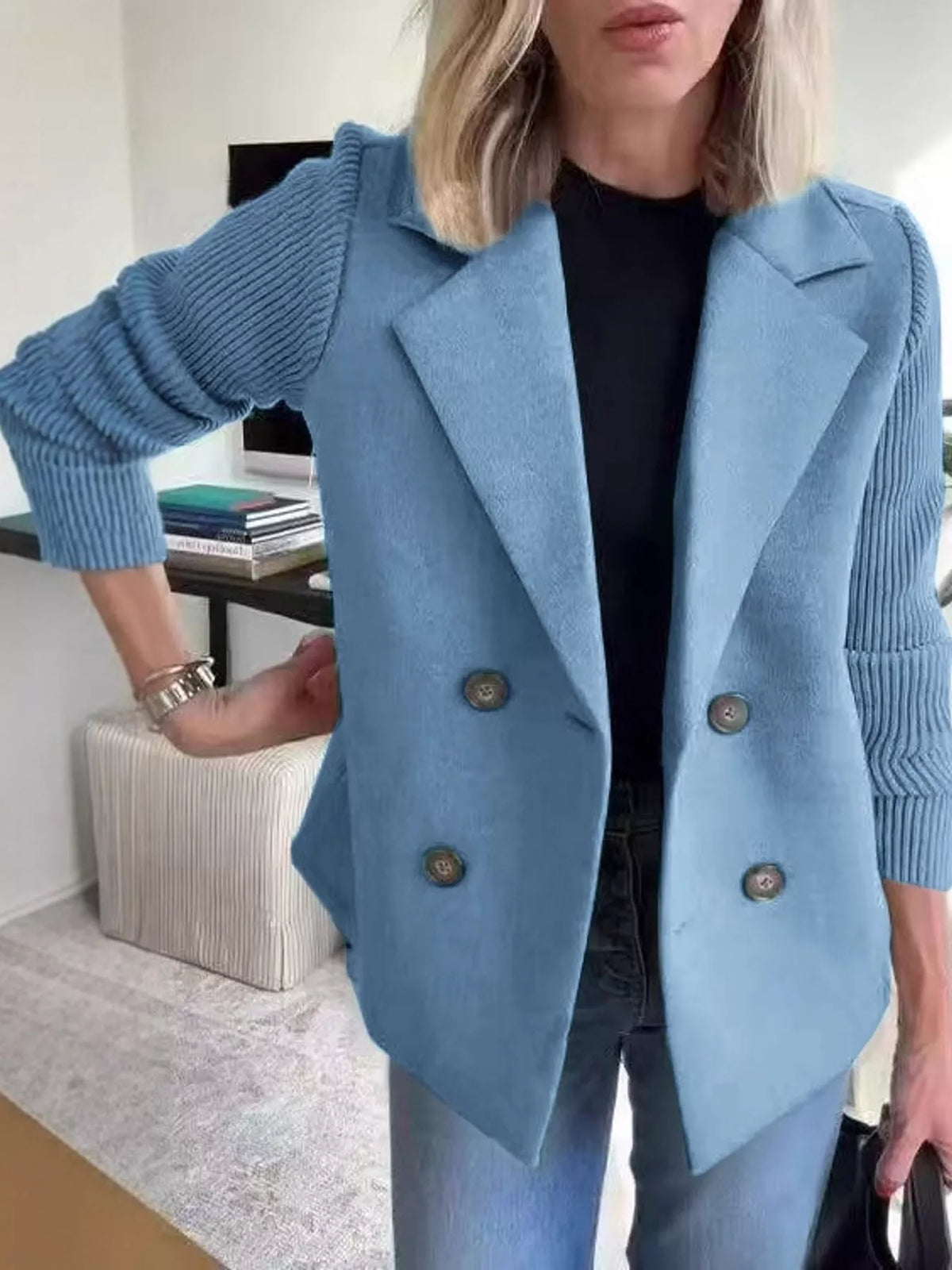 Double-Breasted Hybrid Blazer with Ribbed Knit Sleeves