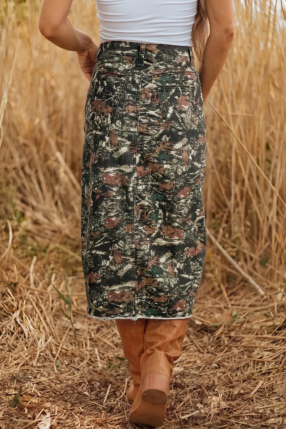 Printed Denim Midi Skirt in Dark Green
