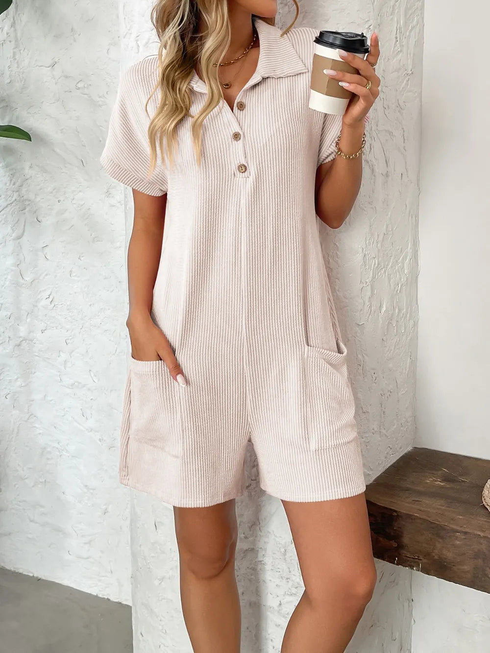 Collared Short Sleeve Button Detail Romper