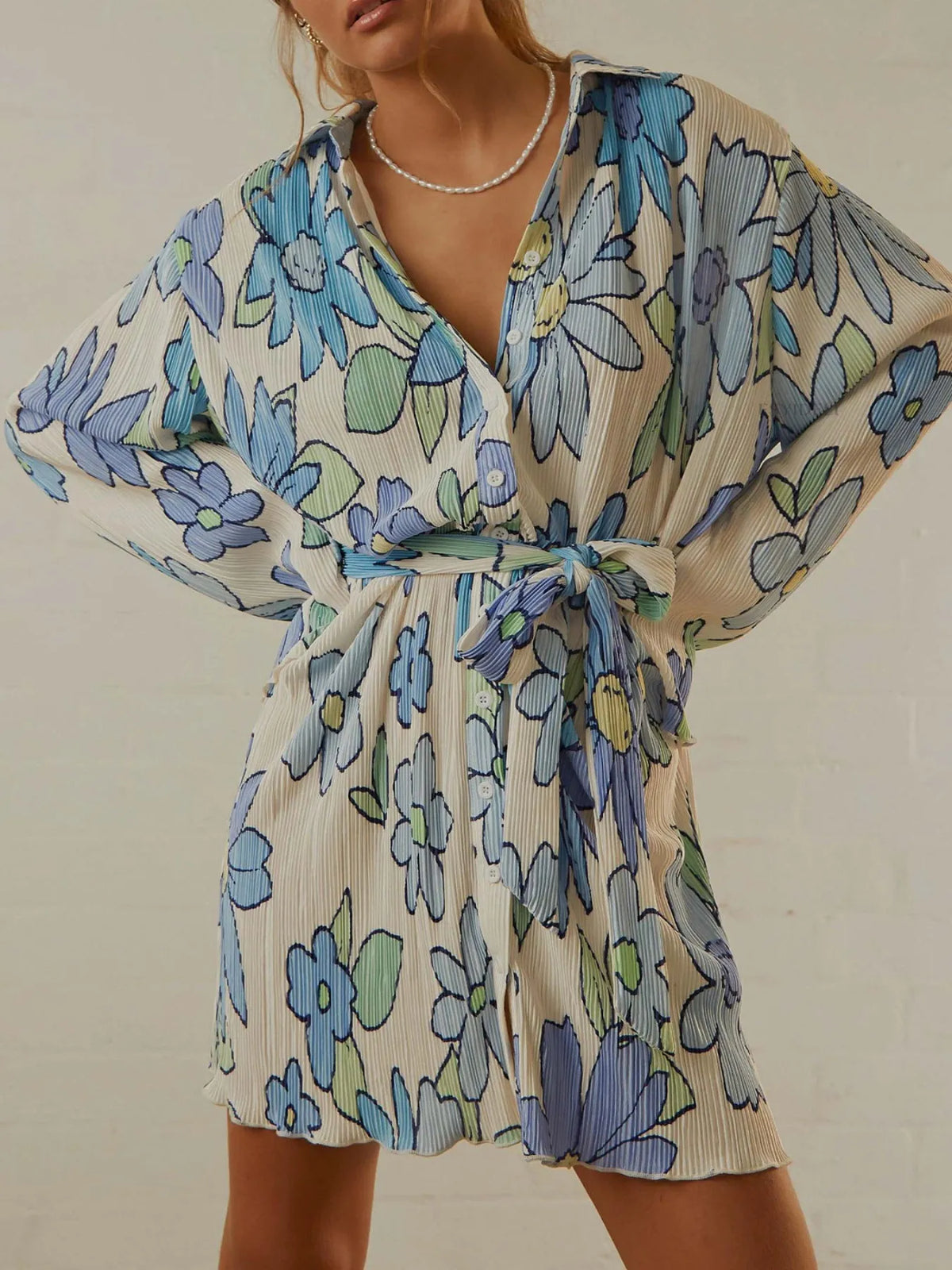 Printed Long-Sleeve Button-Front Mini Dress