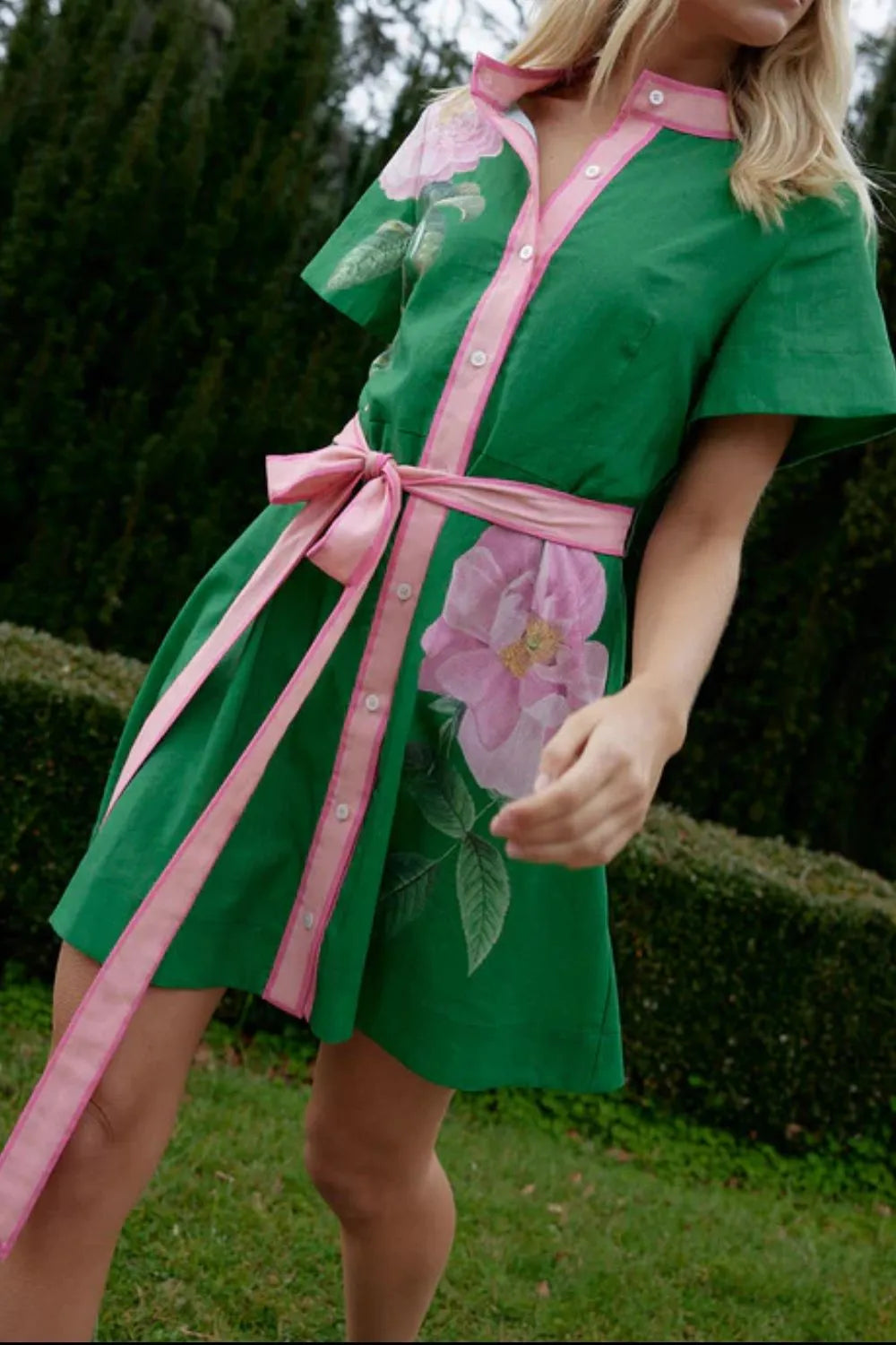 Printed Button-Front Tie Waist Dress
