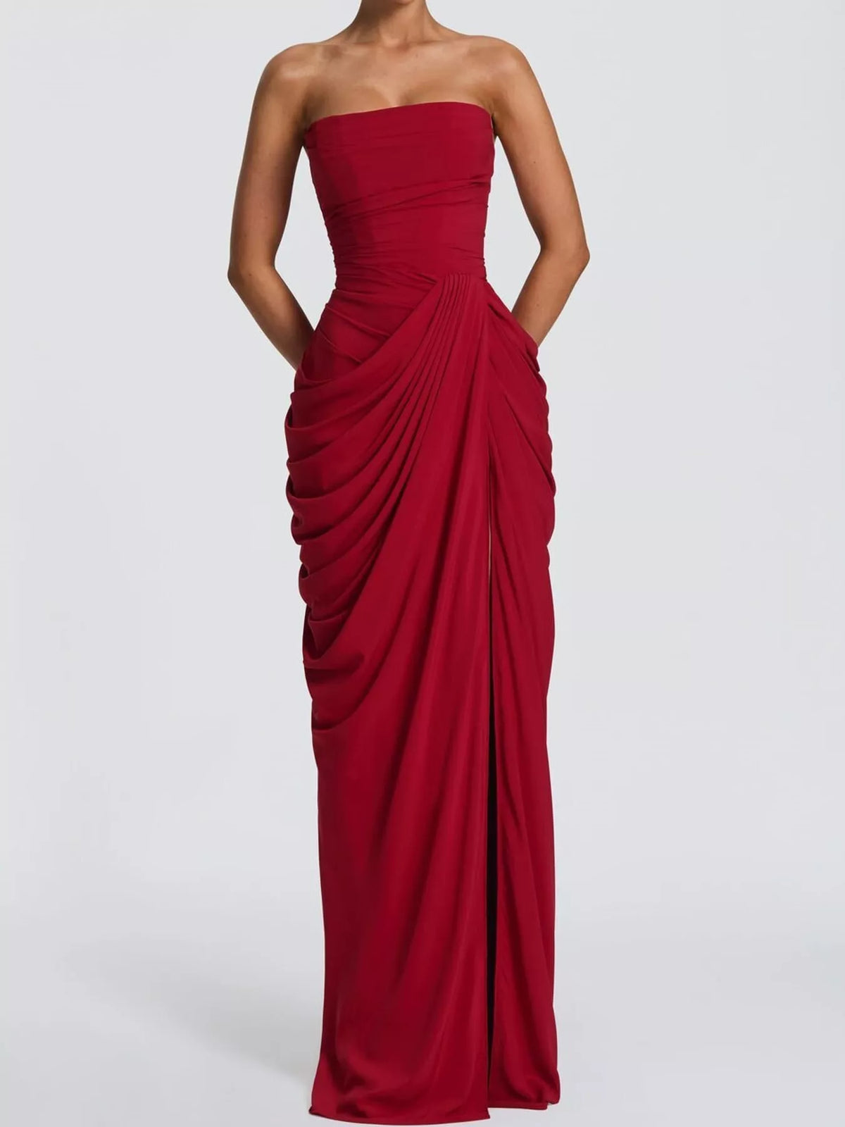 Strapless Ruched High-Slit Evening Dress