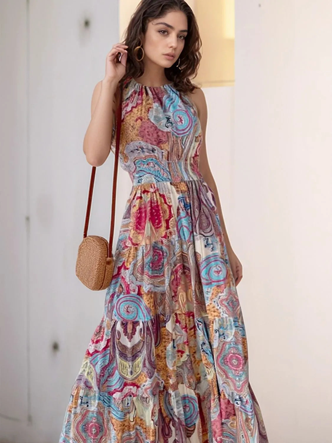 Halter Neck Tiered Maxi Dress in Red Flower
