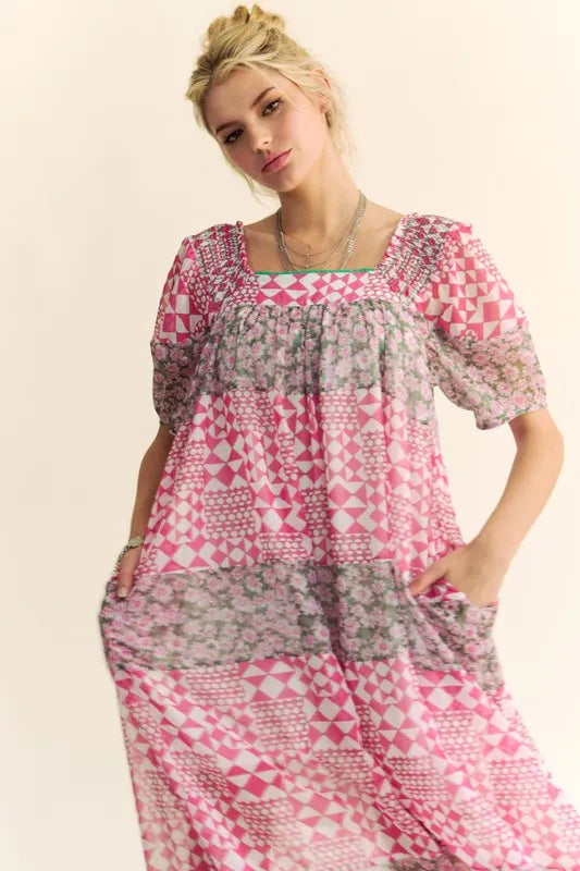 Multi Floral Square Neck Puff Sleeve Maxi Dress in Indian Pink