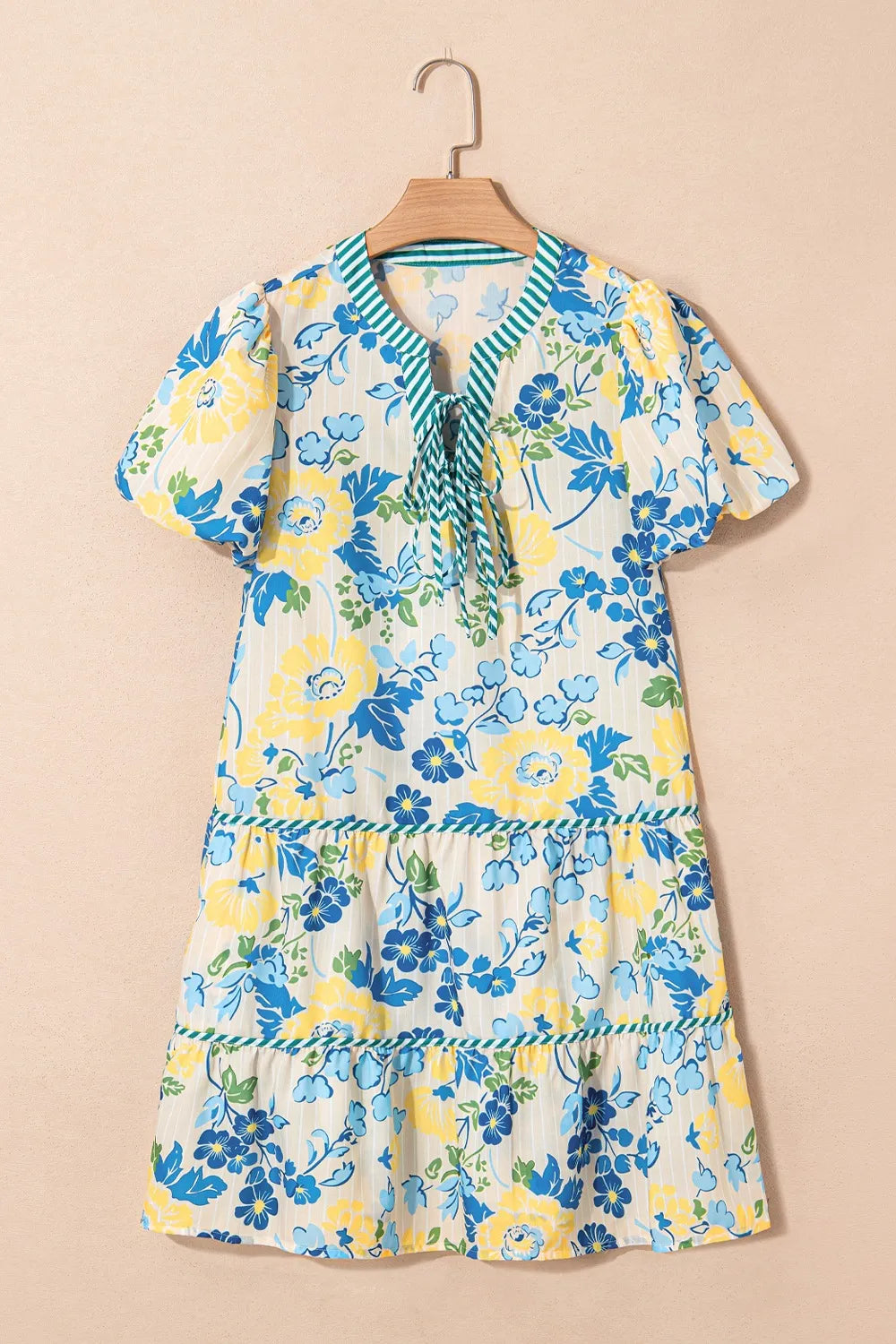 Floral Striped Trim Puff Short Sleeve Dress in Pastel Yellow