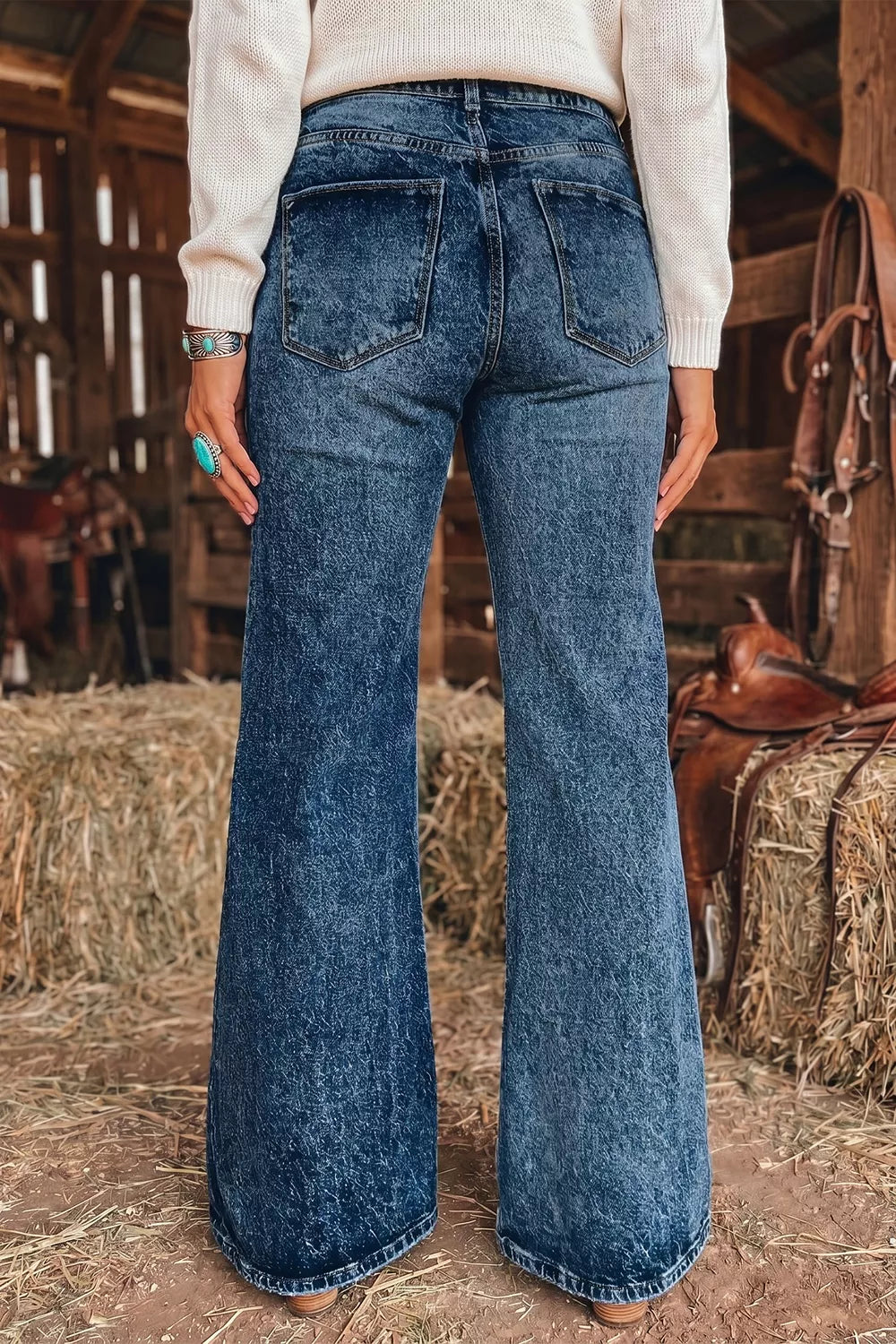 Acid Wash Flare Jeans in Navy